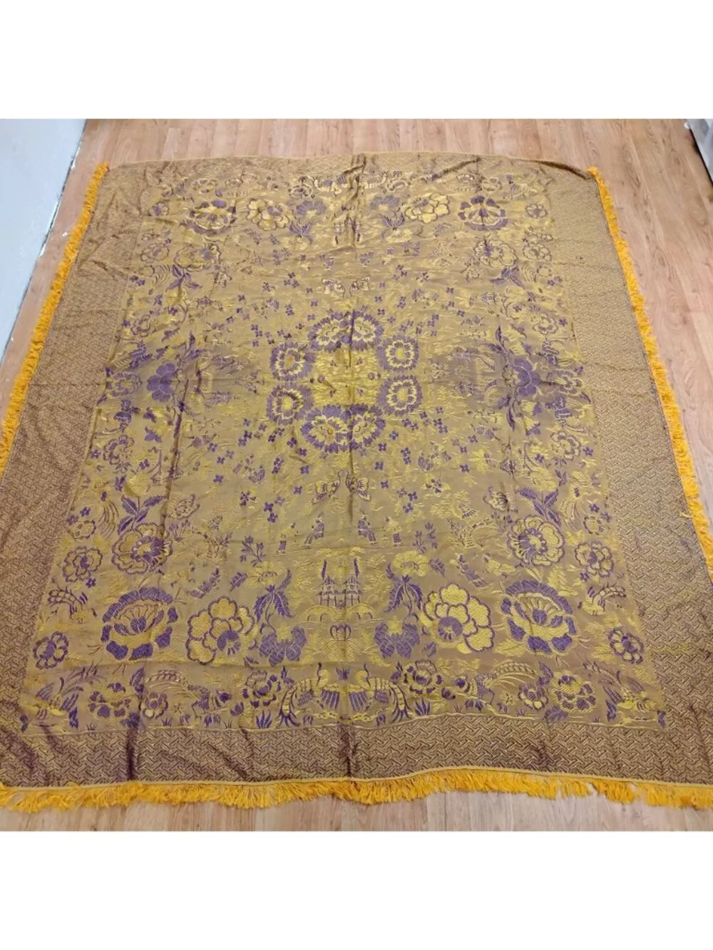 Vintage Bed Cover Purple & Gold Asian Design Polyester 82 X 94